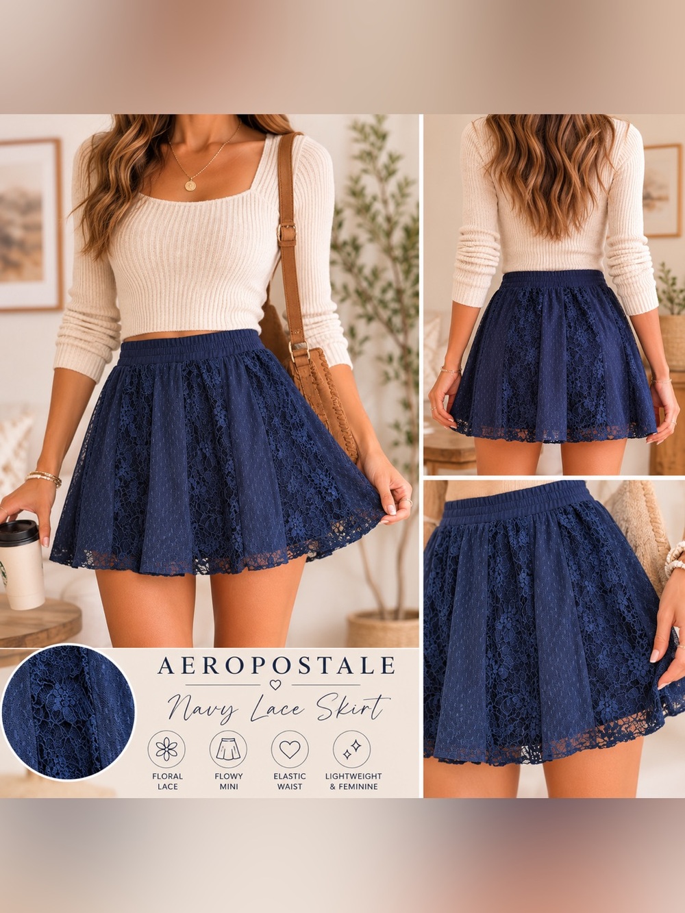 Aeropostale Navy Lace Skirt Women’s Small Floral Lace Mesh Overlay Flowy
